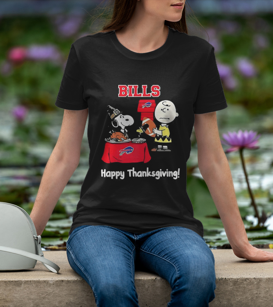 Snoopy And Charlie Brown Celebrate Buffalo Bills Happy Thanksgiving T-Shirt