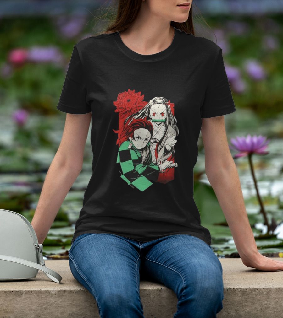 Tanjiro And Nezuko Demon Slayer Manga Red Flower T-Shirt