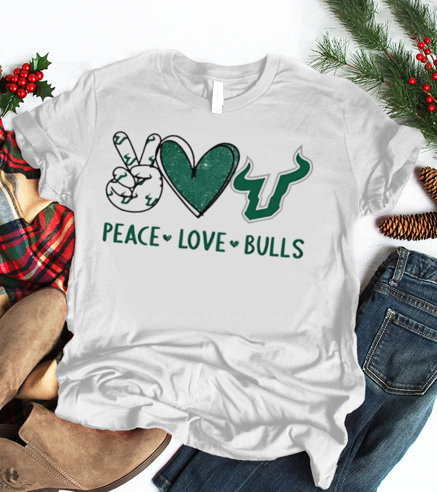 South Florida Bulls Football Peace Love Bulls Heart Sign T-Shirt
