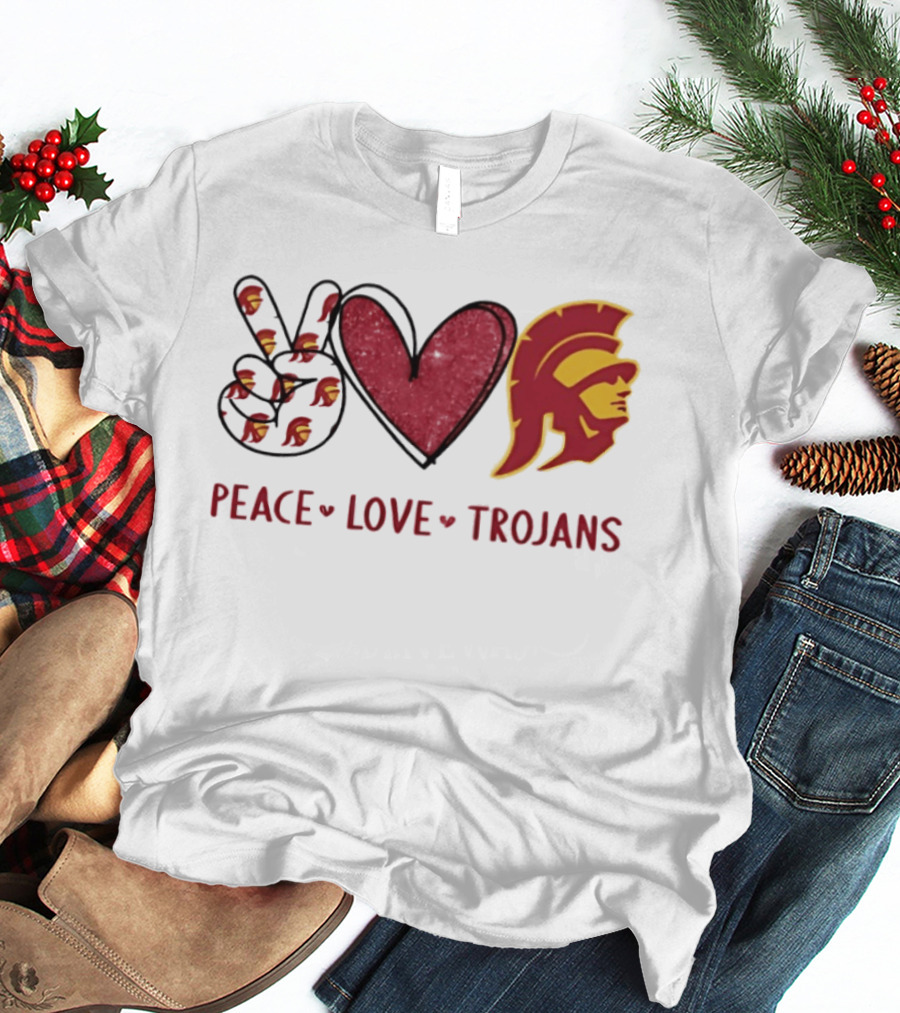 USC Trojans Peace Love Hand Sign Heart Shape T-Shirt