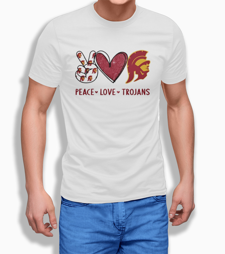 USC Trojans Peace Love Hand Sign Heart Shape T-Shirt