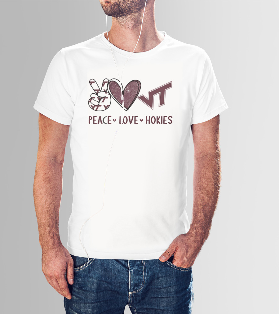 Peace Love Hokies VT Hand Sign Heart Shape Virginia Tech Football T-Shirt