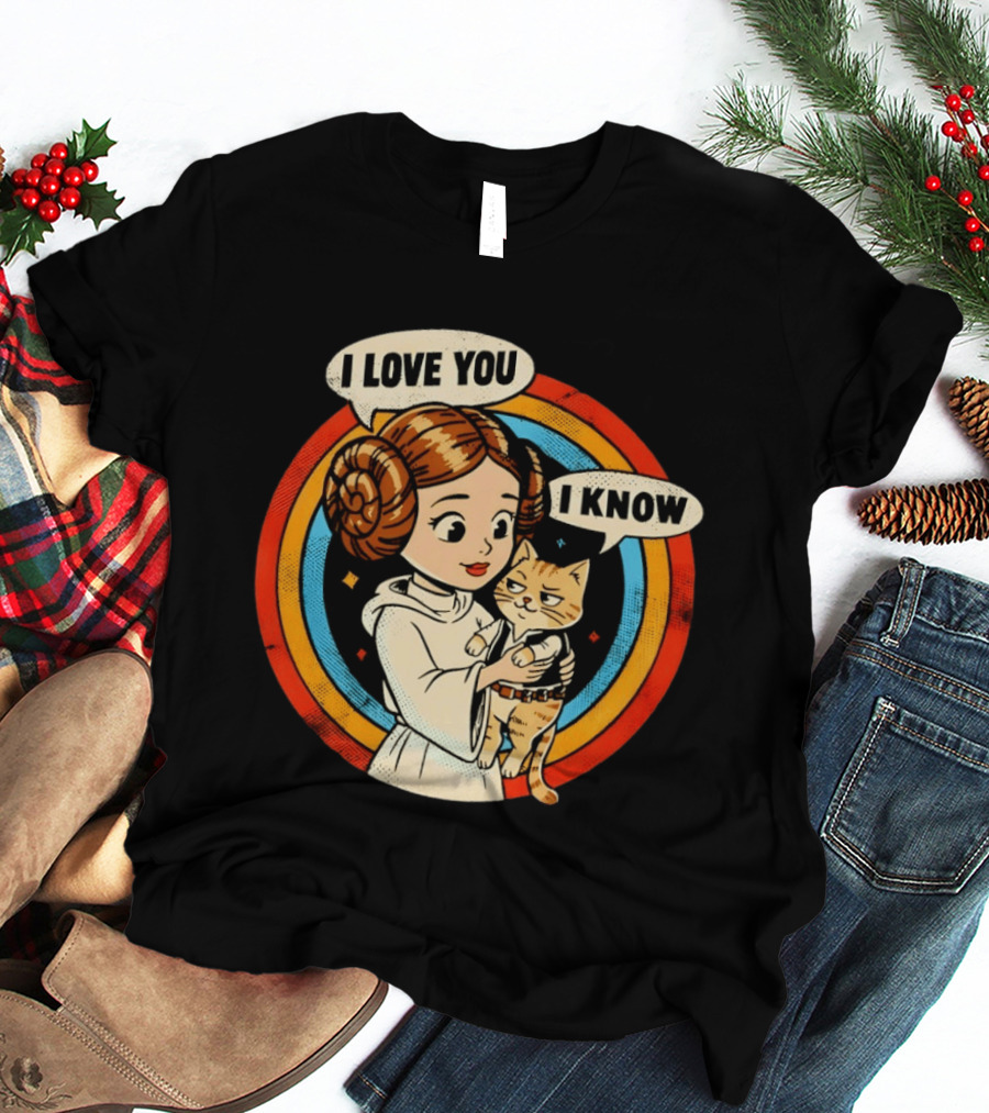 Princess Leia Style Girl Holding Cat I Love You I Know Retro 70s Cartoon T-Shirt