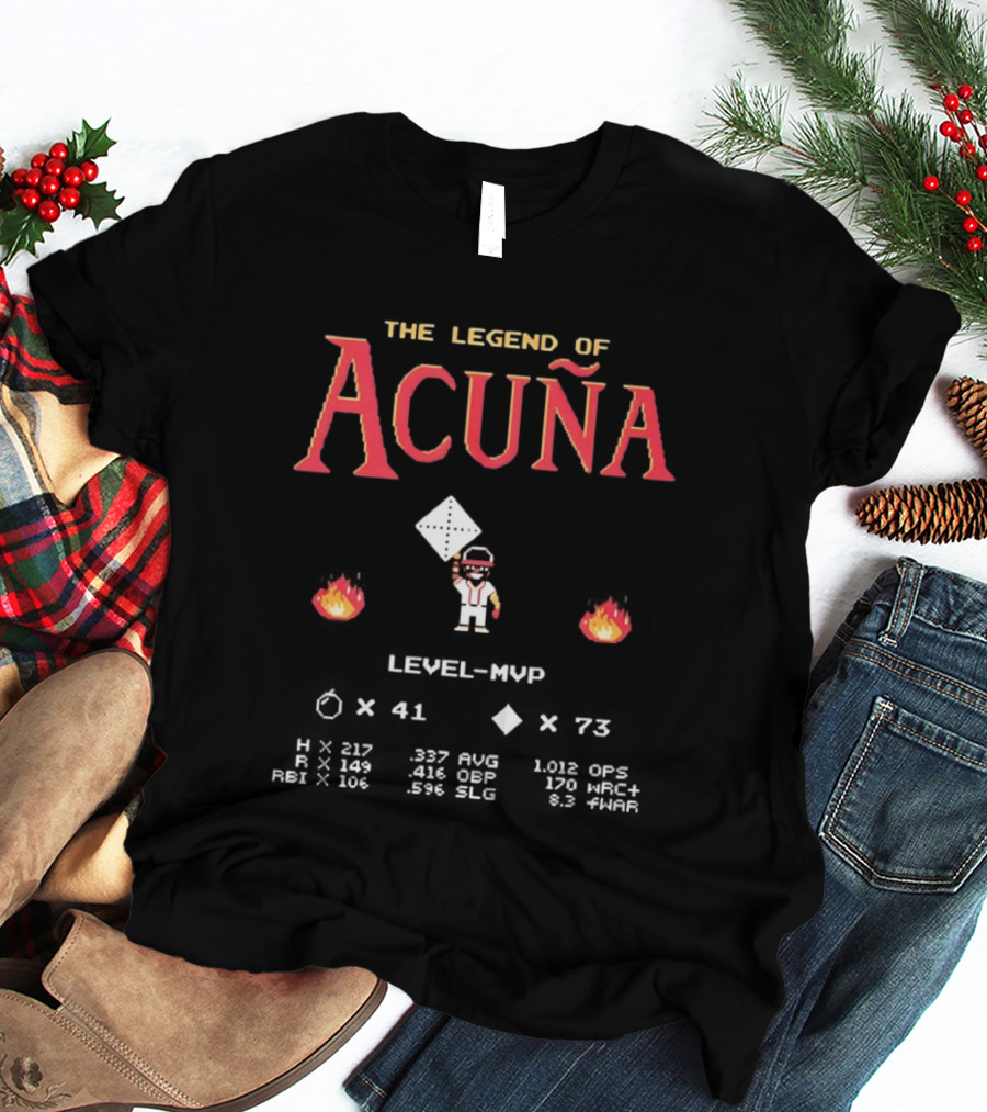 The Legend Of Acuña Jr MVP Level With Baseball Diamond And Flames T-Shirt
