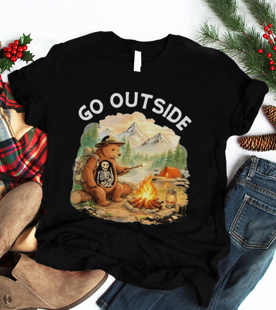 Hiking Bear Campfire Skeleton Inside Bear's Stomach Go Outside T-Shirt