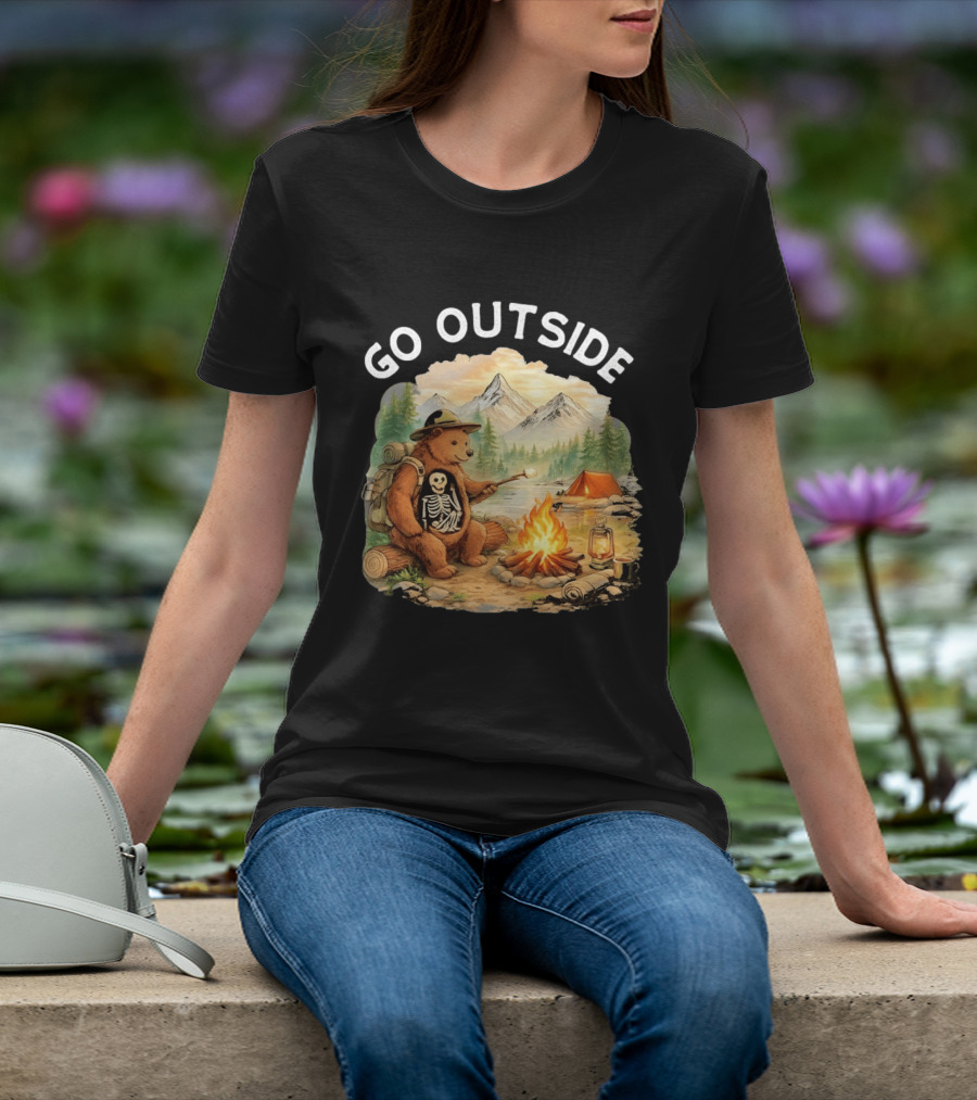 Hiking Bear Campfire Skeleton Inside Bear's Stomach Go Outside T-Shirt