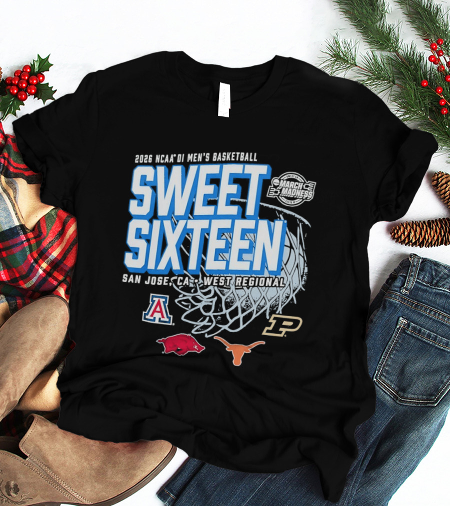 2026 NCAA DI Men's Basketball Sweet Sixteen San Jose West Regional Arizona Arkansas Texas Purdue Logos T-Shirt