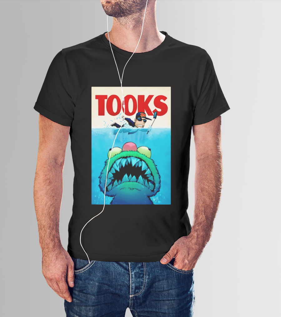 TOOKS Cartoon Giant Monster Inspired By Jaws With Diver And Cap T-Shirt