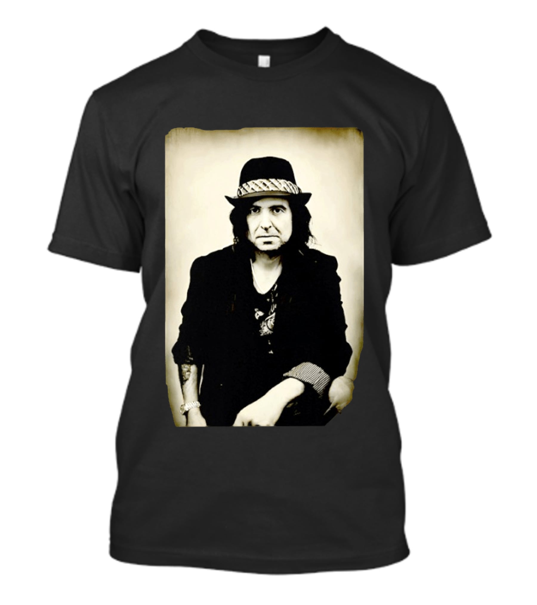 Phil Campbell Vintage Style Portrait Wearing Hat T-Shirt