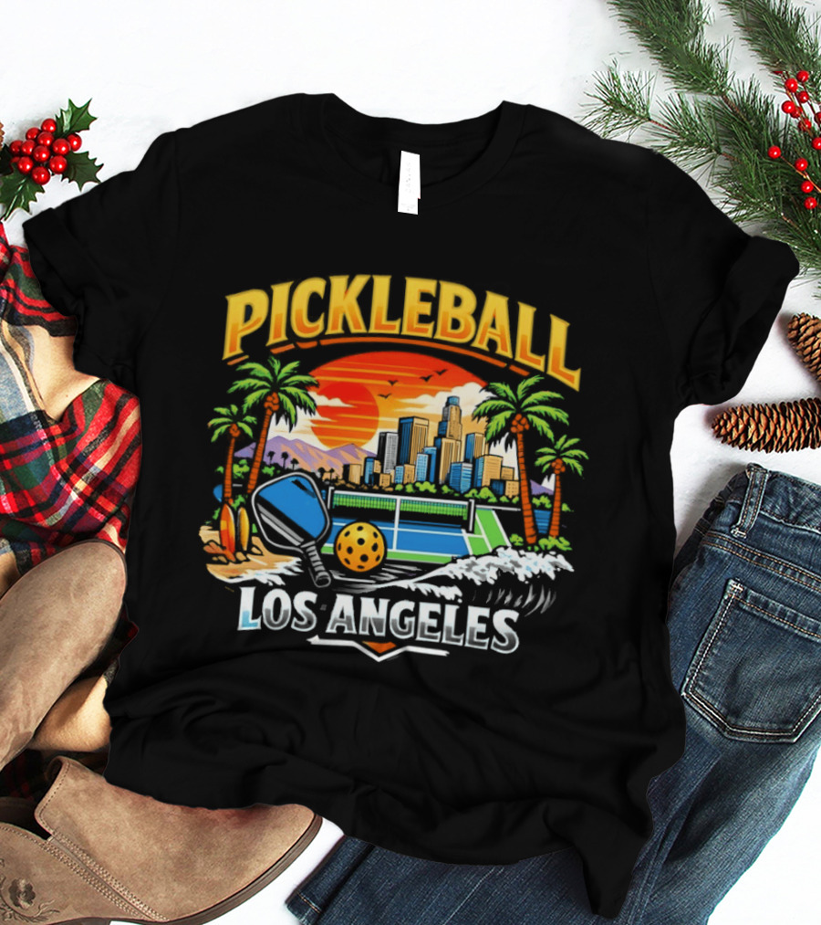 Los Angeles Pickleball City Skyline Sunset Palm Trees T-Shirt