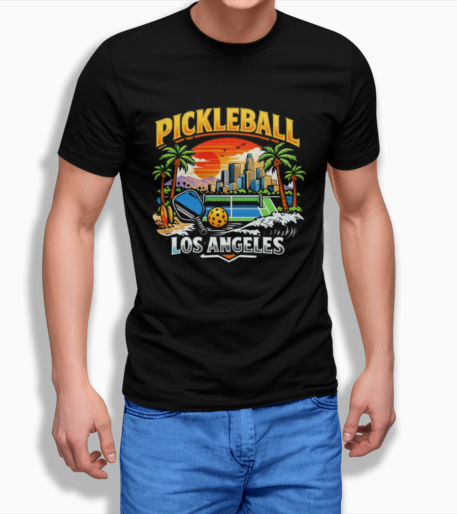 Los Angeles Pickleball City Skyline Sunset Palm Trees T-Shirt