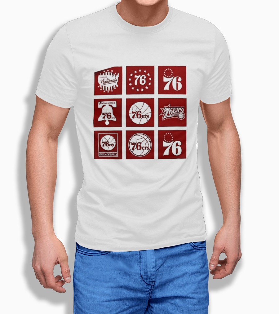 Philadelphia 76ers NBA Team Retro Icons And Number 76 Basketball Squares T-Shirt