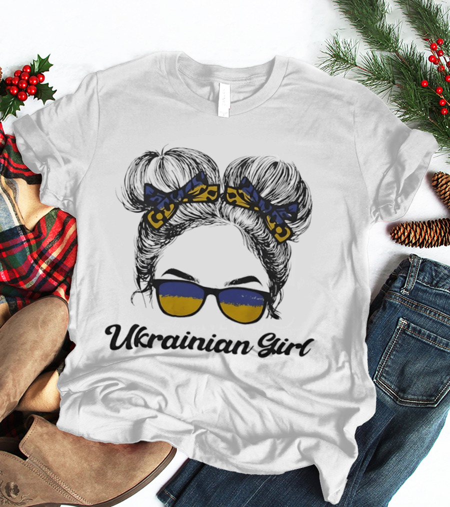 Ukrainian Girl With Flag Colors Hair Bow And Sunglasses T-Shirt
