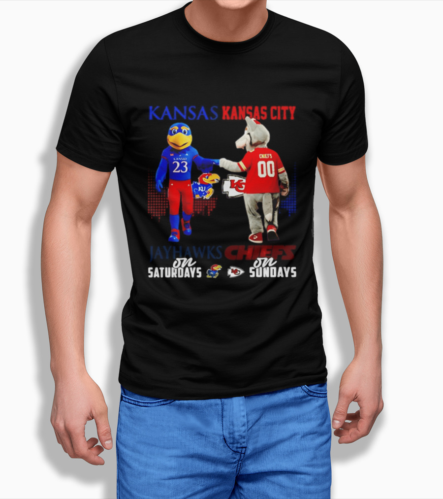 Kansas Jayhawks And Kansas City Chiefs Mascots Fist Bump 23 Vs 00 T-Shirt