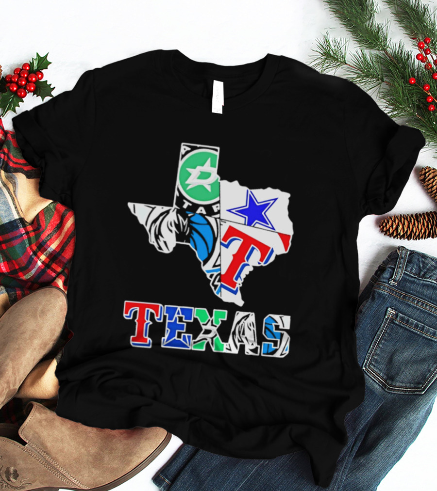 Texas Dallas Stars Mavericks Cowboys Rangers Sports Map T-Shirt