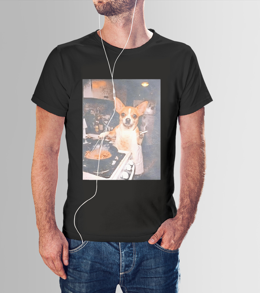 Chihuahua In Apron Cooking While Smoking In Vintage Kitchen Scene T-Shirt