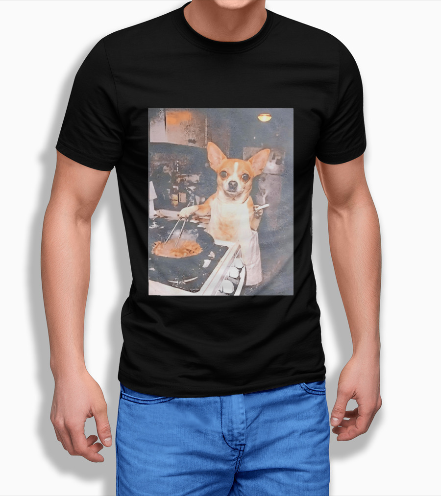 Chihuahua In Apron Cooking While Smoking In Vintage Kitchen Scene T-Shirt