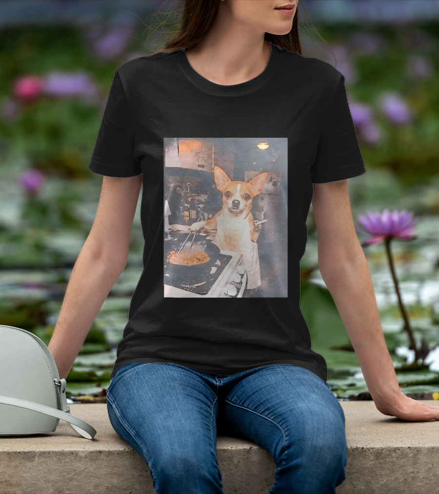 Chihuahua In Apron Cooking While Smoking In Vintage Kitchen Scene T-Shirt