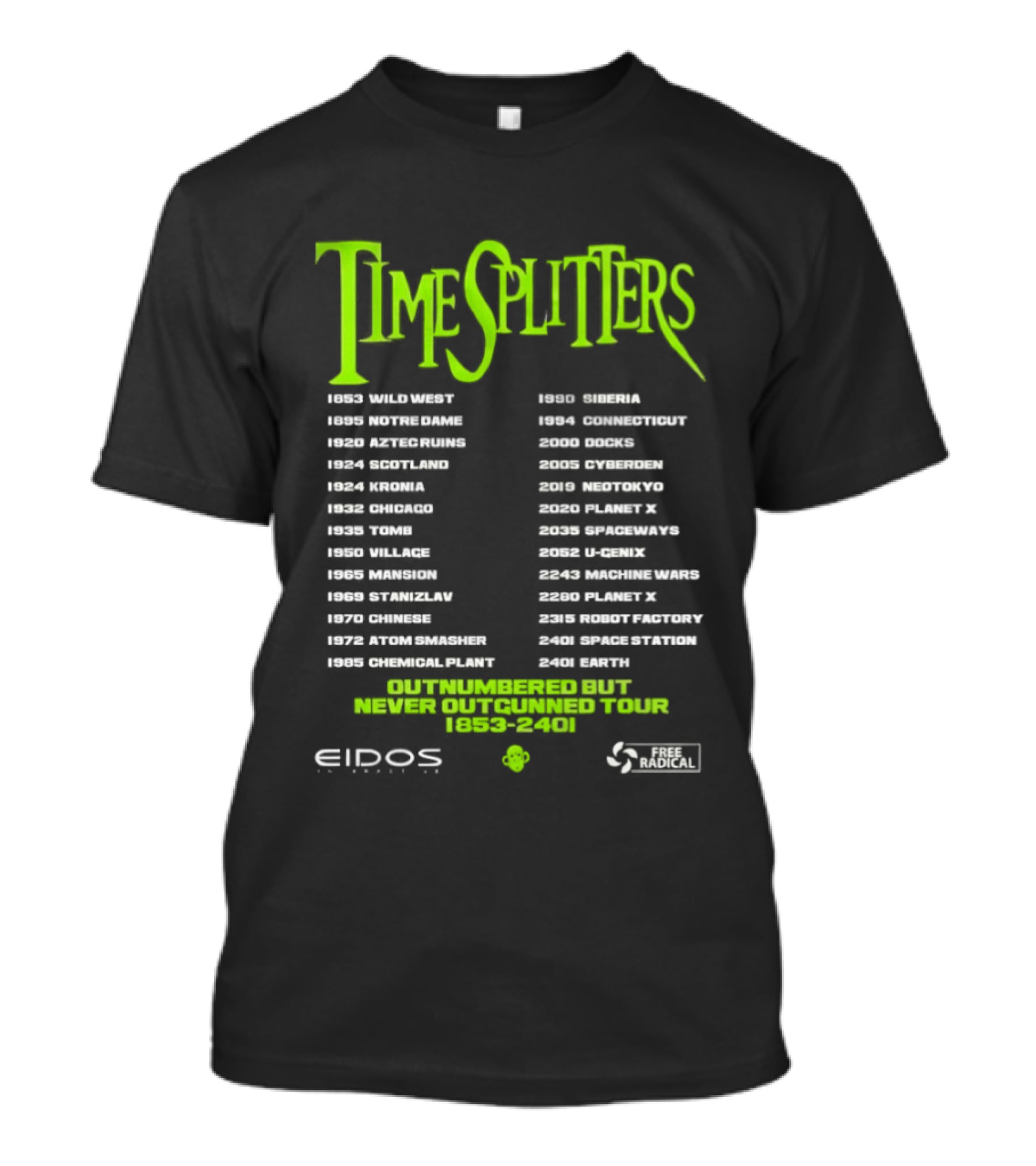 TimeSplitters Eidos Games 1853 2401 World Tour Event Locations List T-Shirt