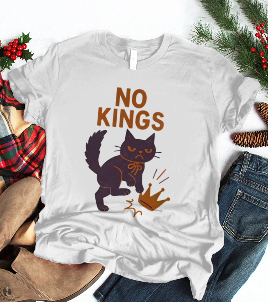 No Kings Black Cat Kicking Crown T-Shirt
