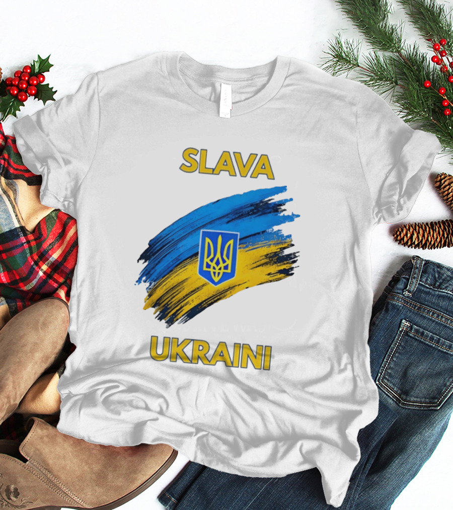 Slava Ukraini Emblem With Blue And Yellow Brush Strokes T-Shirt