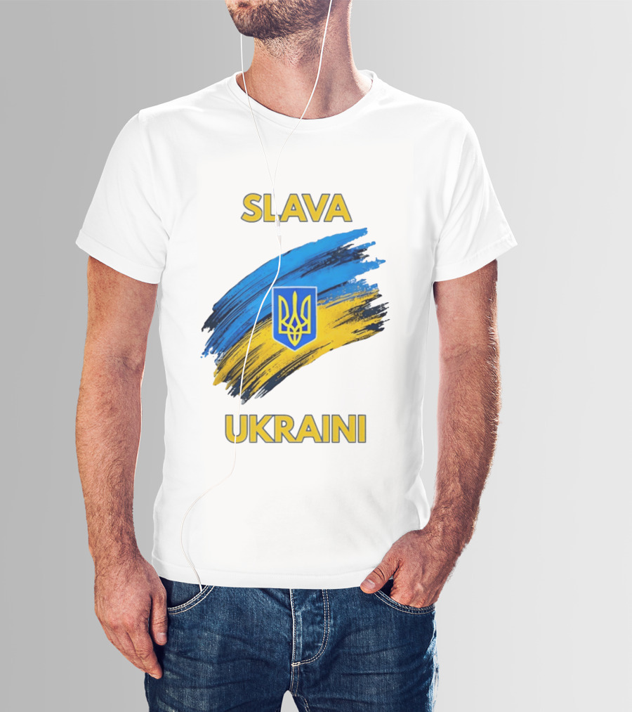 Slava Ukraini Emblem With Blue And Yellow Brush Strokes T-Shirt