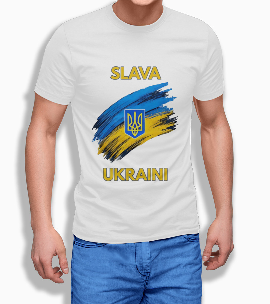 Slava Ukraini Emblem With Blue And Yellow Brush Strokes T-Shirt
