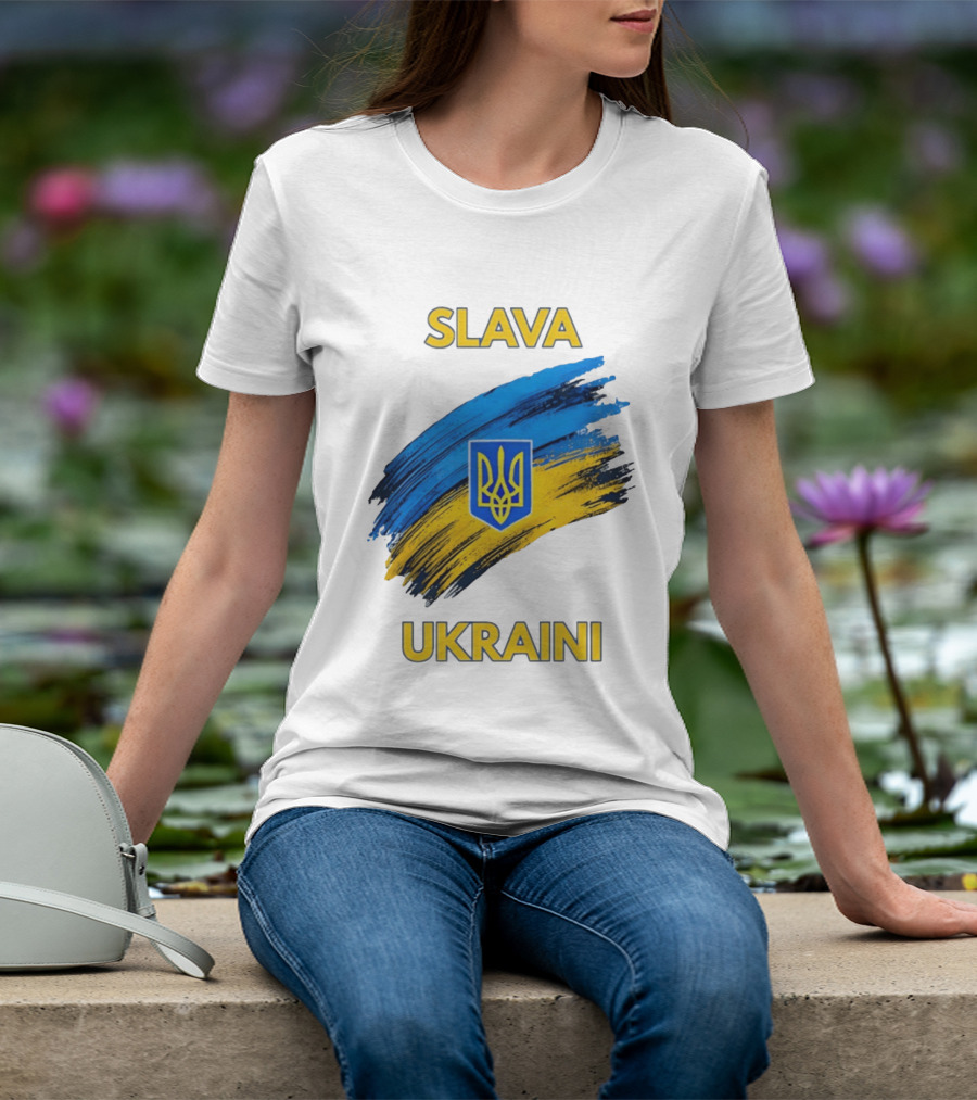 Slava Ukraini Emblem With Blue And Yellow Brush Strokes T-Shirt