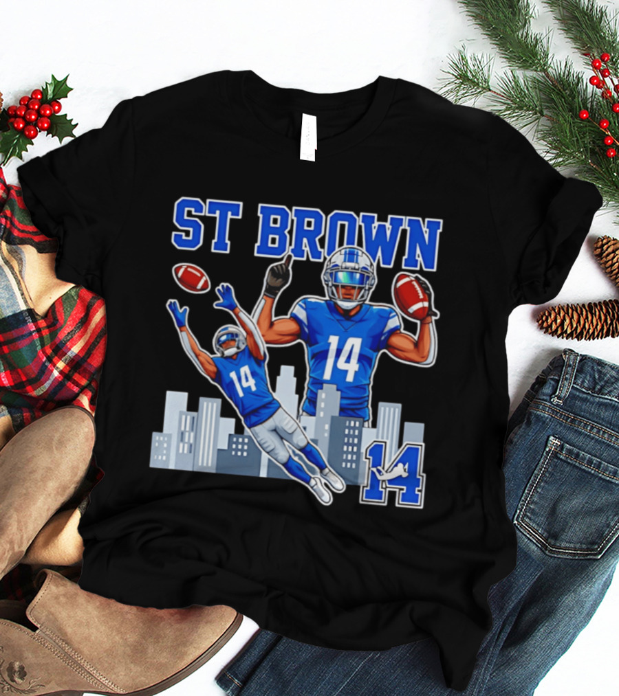 ST Brown 14 Detroit Lions Football City Skyline T-Shirt