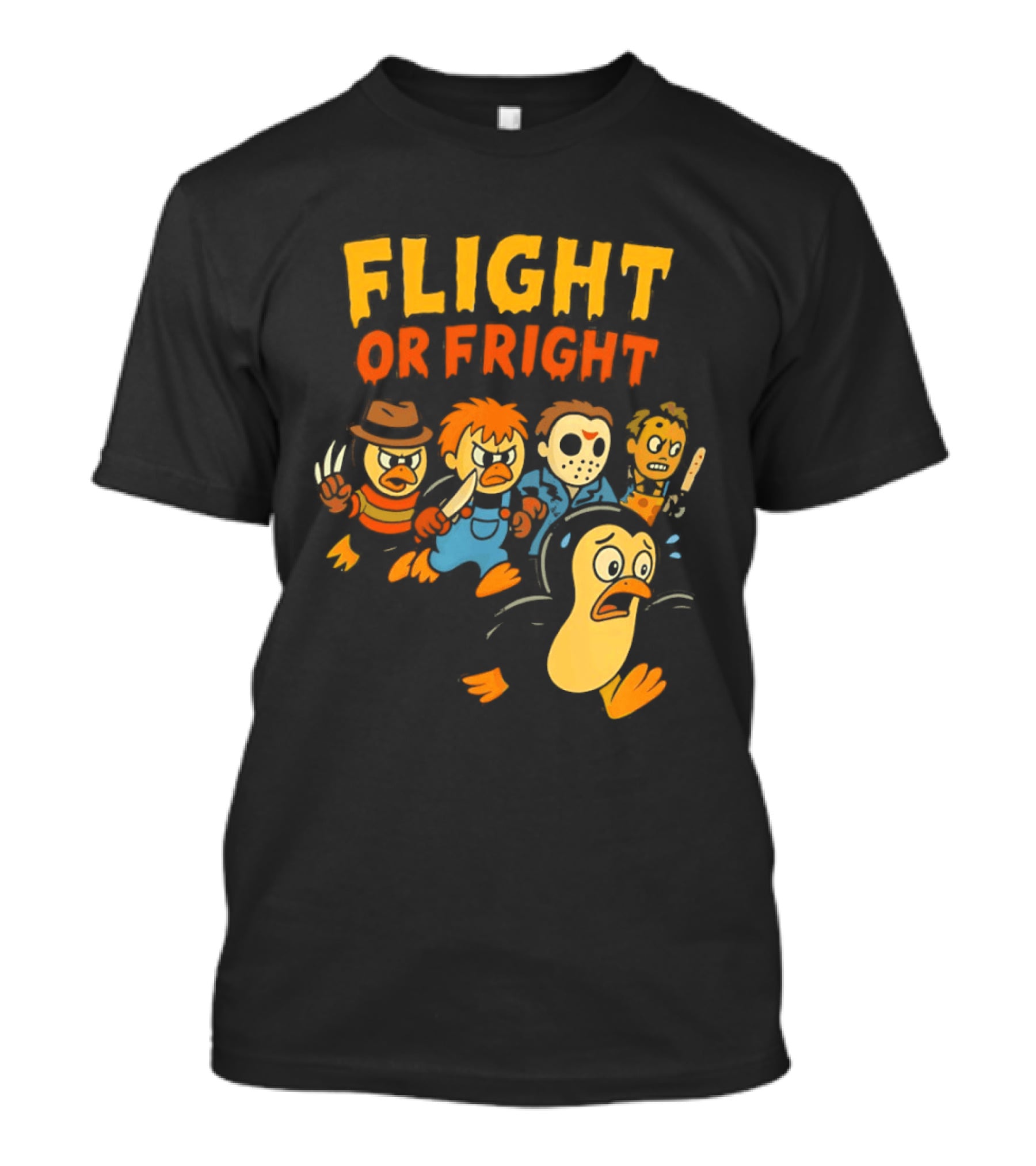 Flight Or Fright Penguin Horror Characters Comedy Mashup T-Shirt