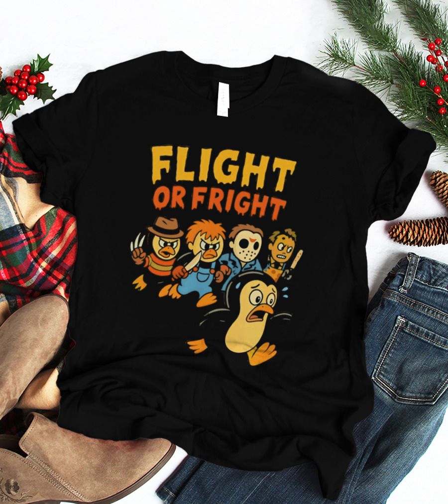 Flight Or Fright Penguin Horror Characters Comedy Mashup T-Shirt