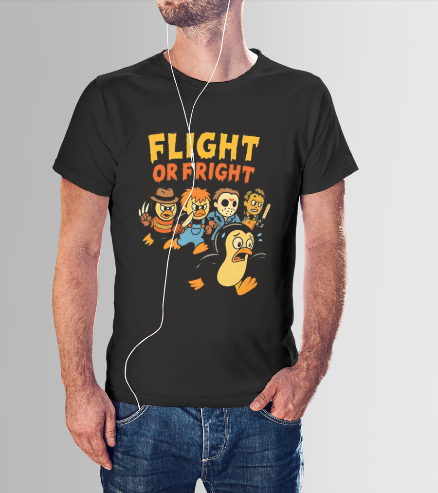Flight Or Fright Penguin Horror Characters Comedy Mashup T-Shirt