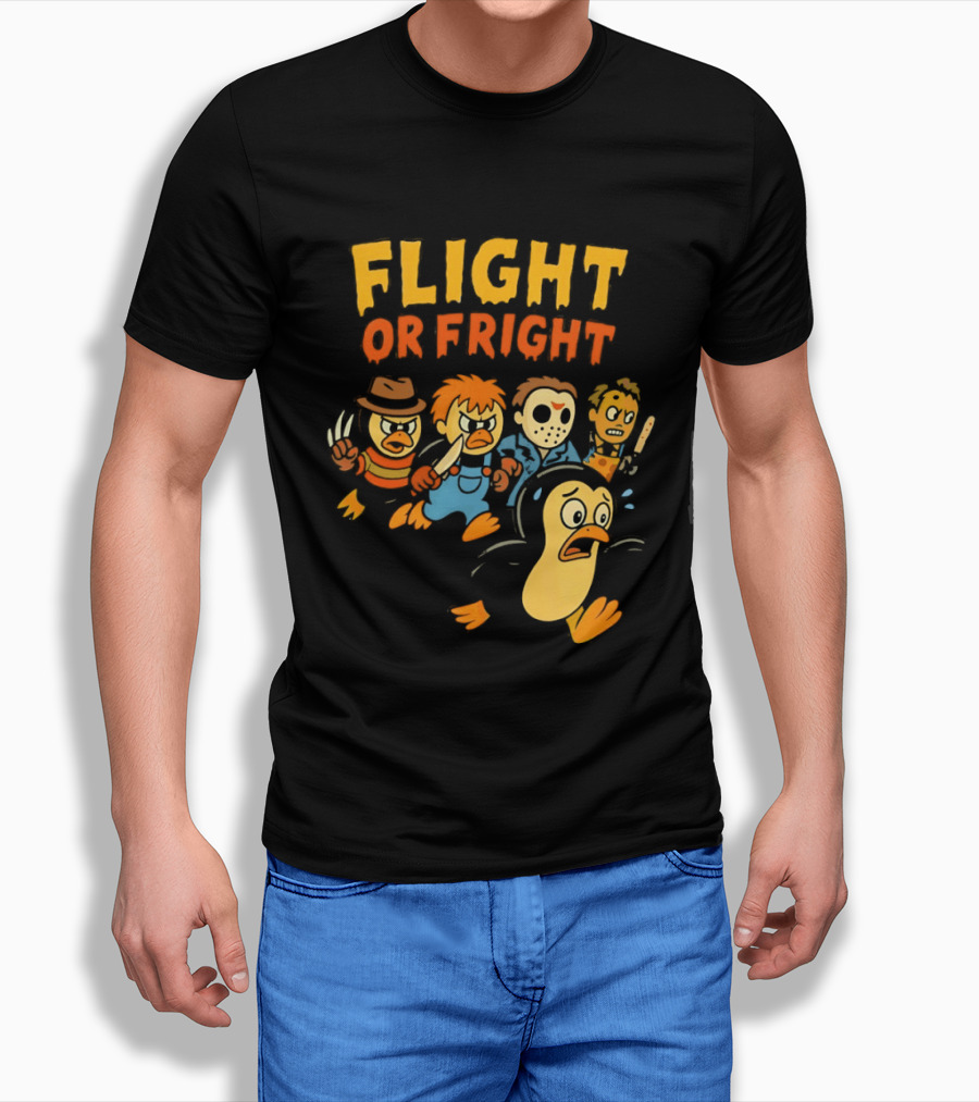 Flight Or Fright Penguin Horror Characters Comedy Mashup T-Shirt