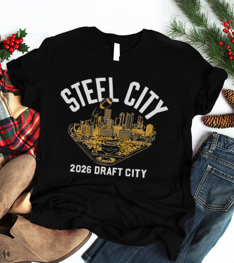 Steel City 2026 Draft City Pittsburgh Skyline Football T-Shirt