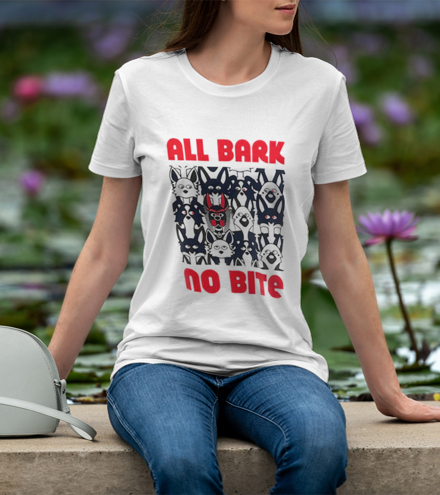 All Bark No Bite Bold Red Text Dark Canine Faces T-Shirt
