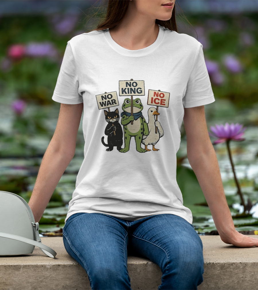 Black Cat Holing No War Frog Holding No King And Goose Holding No ICE Sign T-Shirt