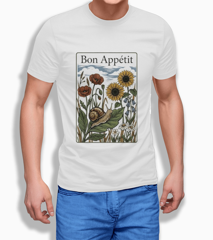 Bon Appétit Floral Snail Sunflowers And Poppies T-Shirt