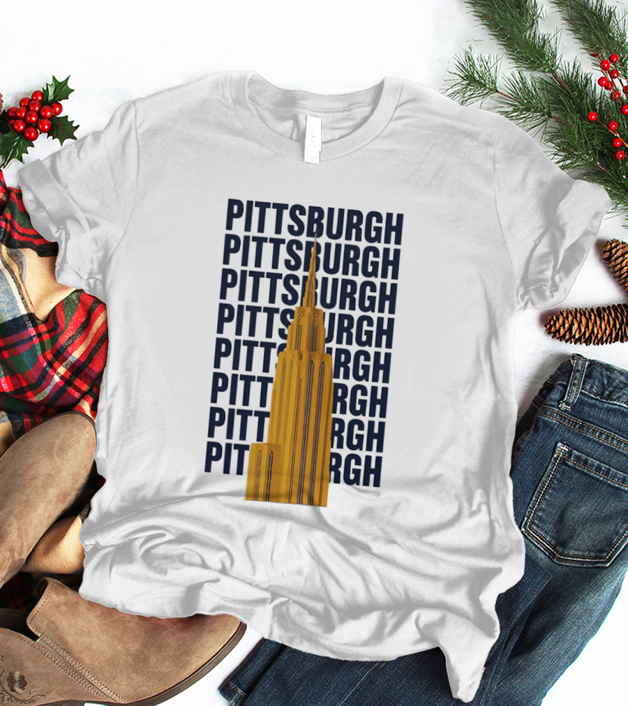 Pittsburgh Golden Tower Repeated Text Cityscape T-Shirt