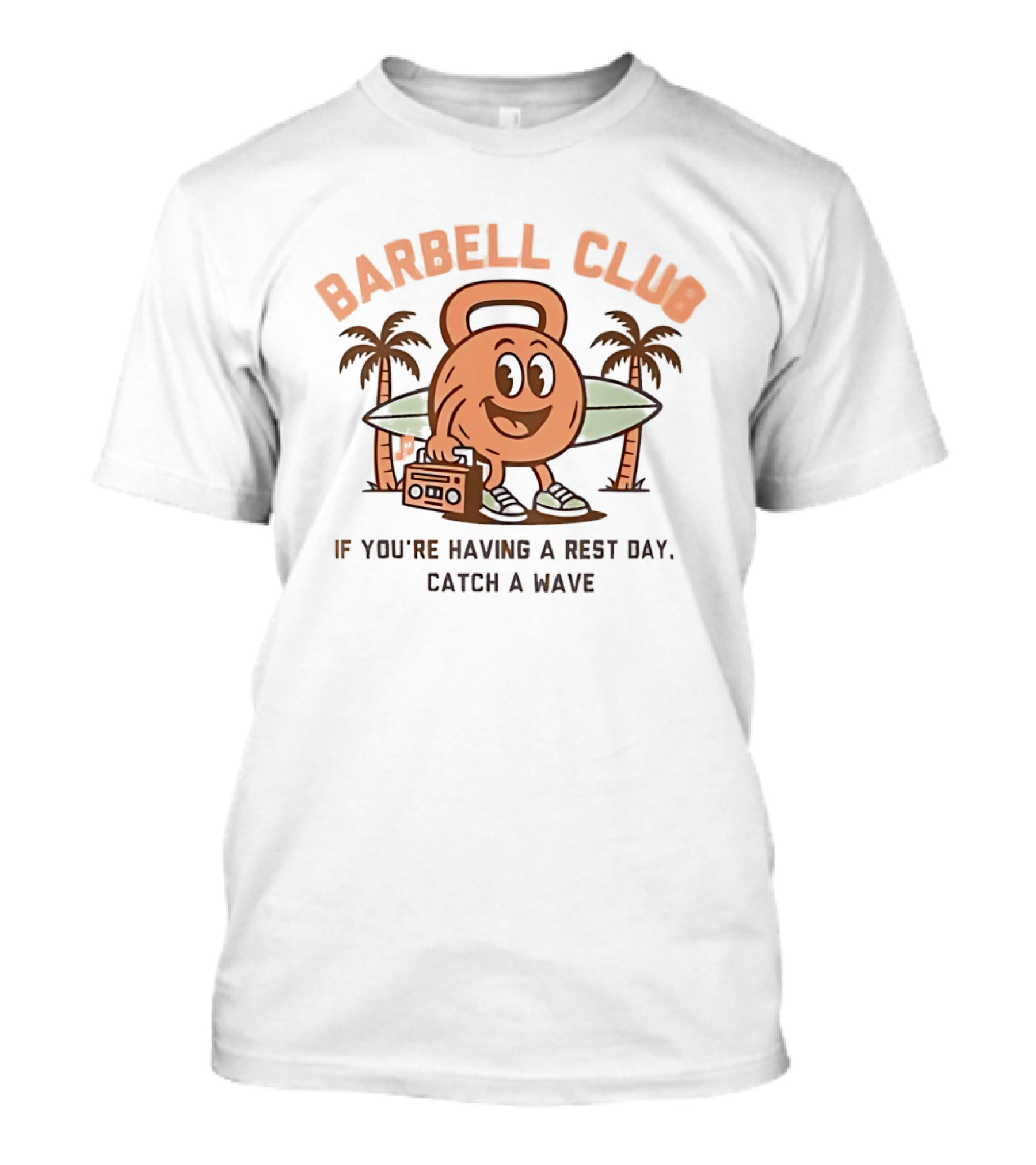Barbell Club Rest Day Catch A Wave Surfing Palms Retro Kettlebell T-Shirt