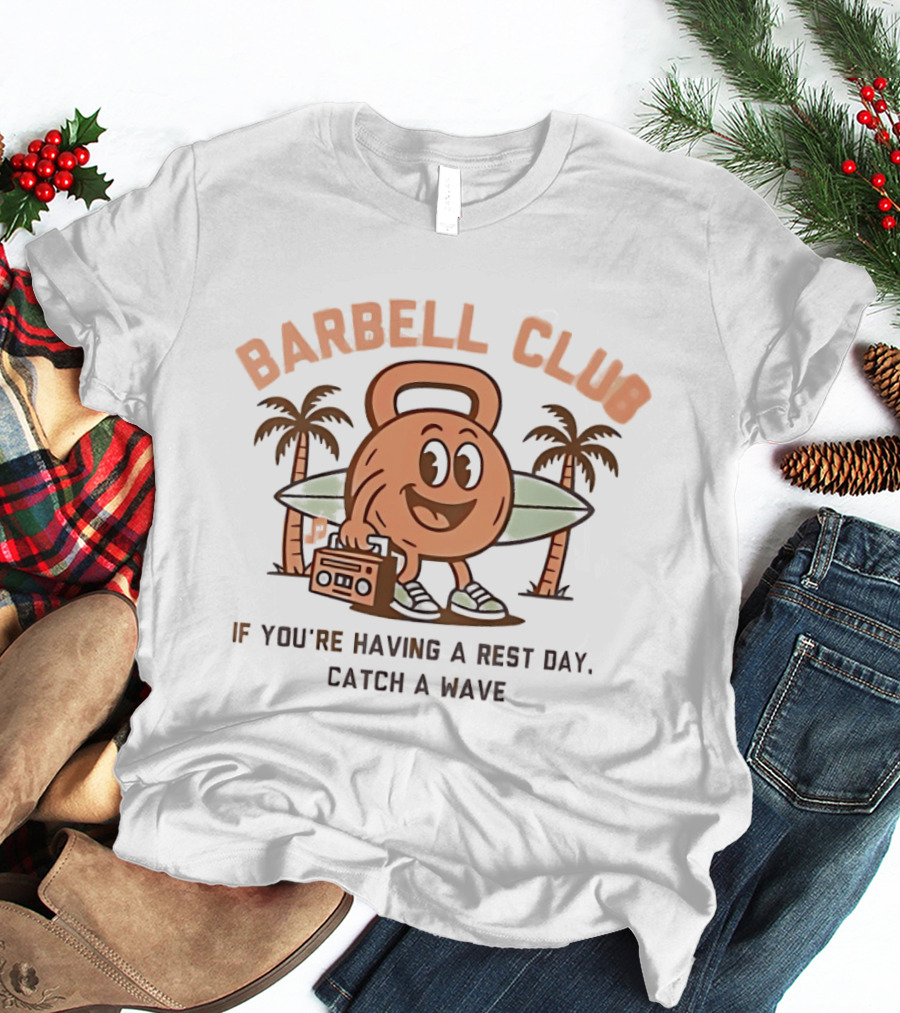 Barbell Club Rest Day Catch A Wave Surfing Palms Retro Kettlebell T-Shirt