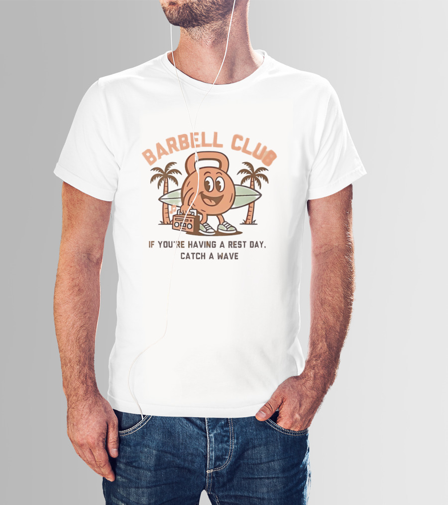 Barbell Club Rest Day Catch A Wave Surfing Palms Retro Kettlebell T-Shirt