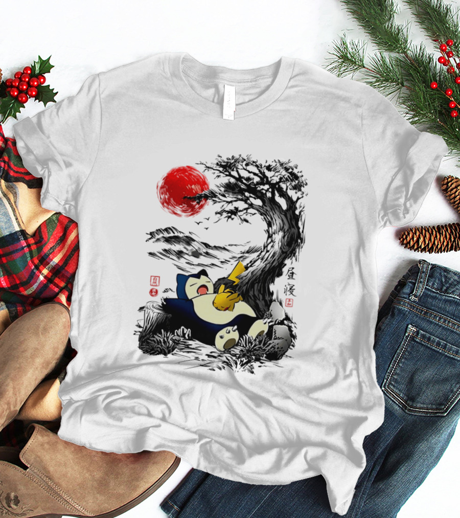 Snorlax Pikachu Napping Under Red Sun Tree T-Shirt