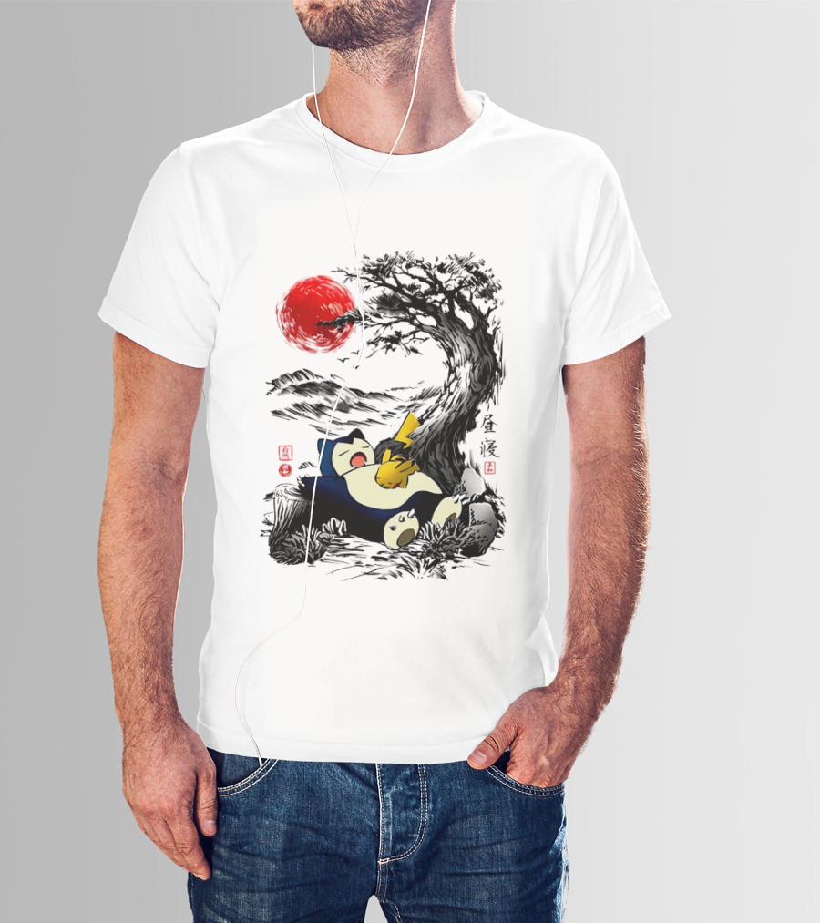 Snorlax Pikachu Napping Under Red Sun Tree T-Shirt