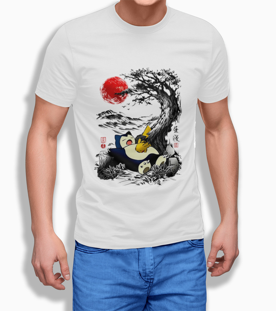 Snorlax Pikachu Napping Under Red Sun Tree T-Shirt
