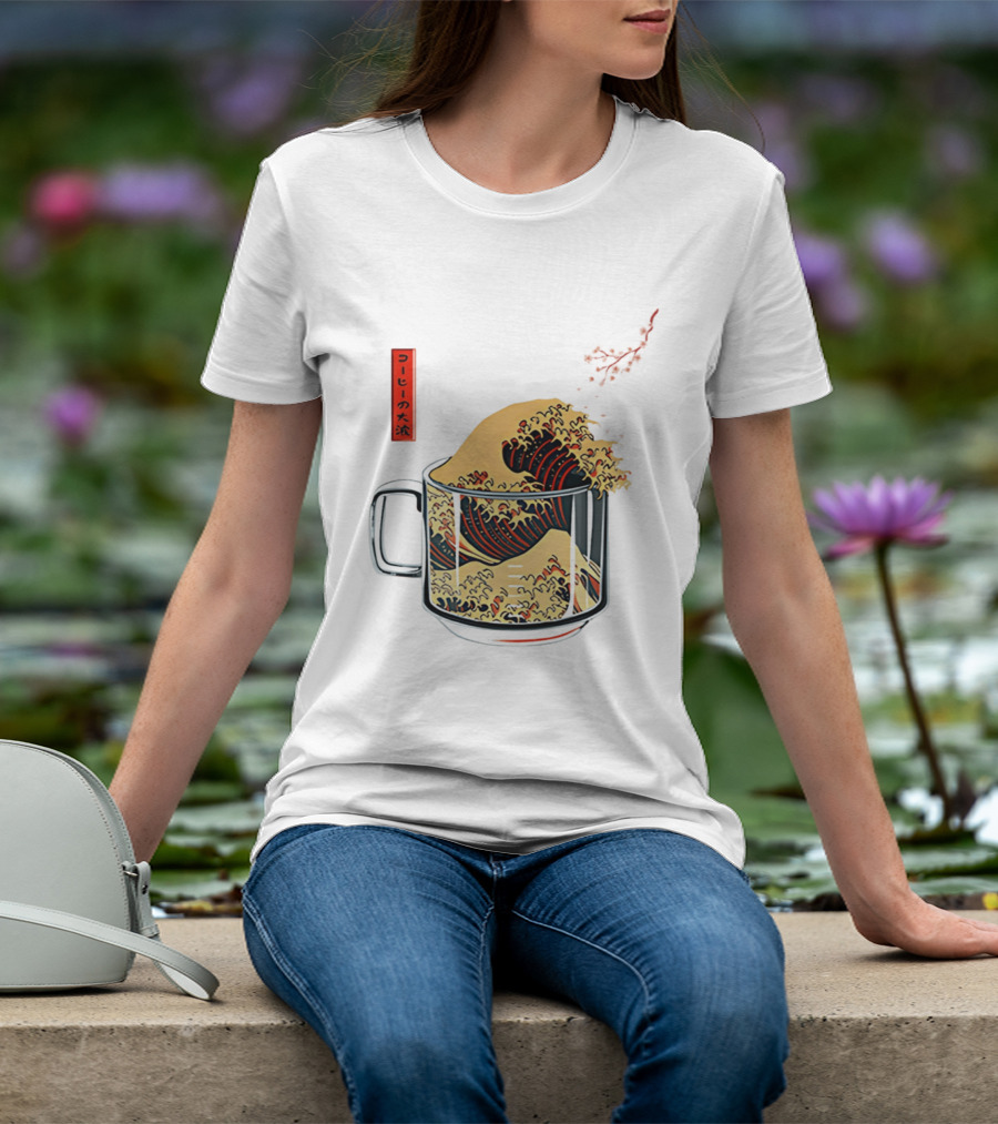 The Great Wave Of Coffee In A Cup With Japanese T-Shirt