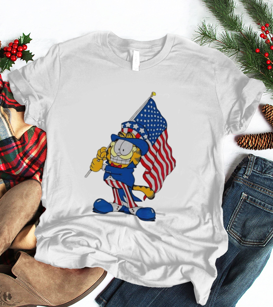 Orange Cat 250 Years Of Freedom Garfield Uncle Sam American Flag T-Shirt