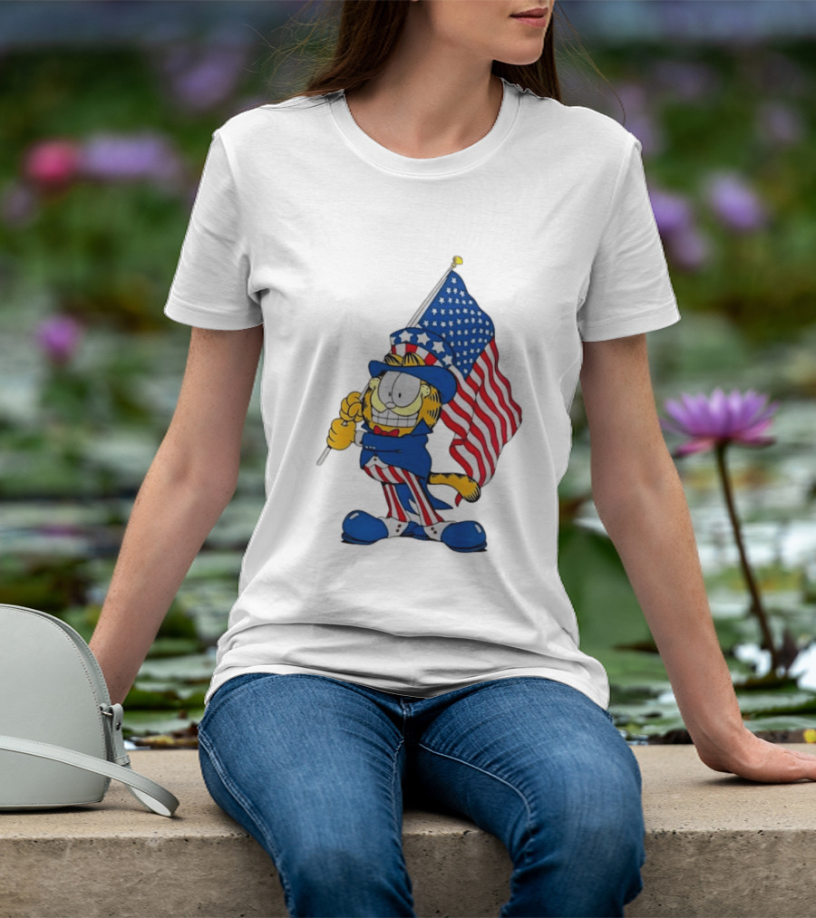 Orange Cat 250 Years Of Freedom Garfield Uncle Sam American Flag T-Shirt