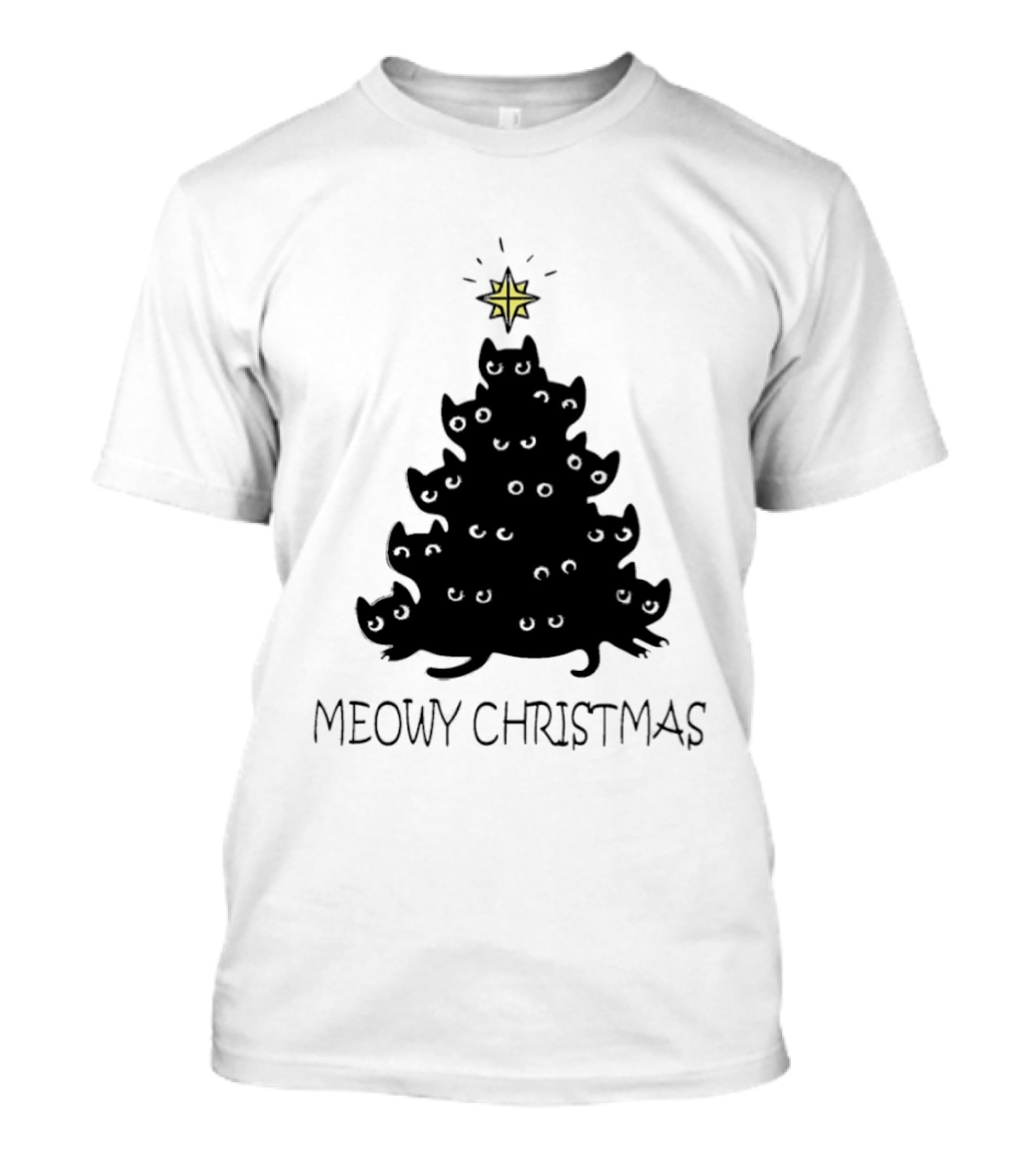 Black Cat Pine Tree Shape Meowy Christmas Star T-Shirt