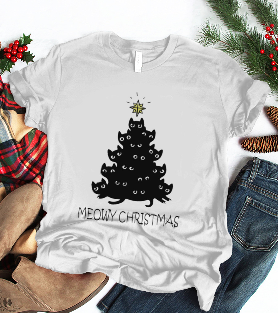 Black Cat Pine Tree Shape Meowy Christmas Star T-Shirt