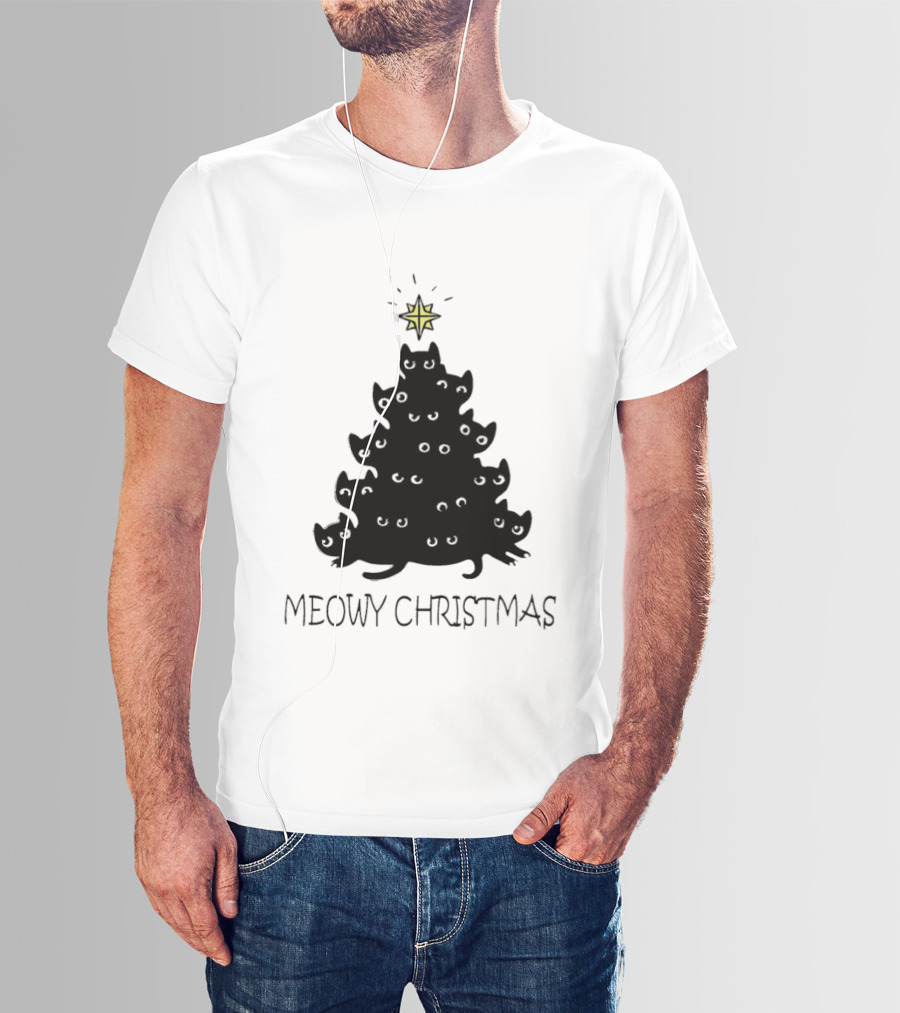 Black Cat Pine Tree Shape Meowy Christmas Star T-Shirt